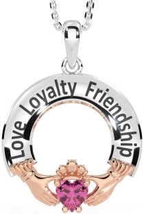 Pink Tourmaline Rose Gold Silver Irish "Love, Loyalty, & Friendship" Claddagh Necklace