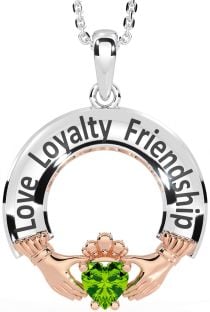 Peridot Rose Gold Silver Irish "Love, Loyalty, & Friendship" Claddagh Necklace