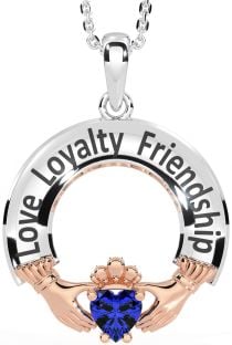 Sapphire Rose Gold Silver Irish "Love, Loyalty, & Friendship" Claddagh Necklace