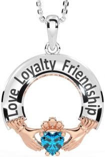 Topaz Rose Gold Silver Irish "Love, Loyalty, & Friendship" Claddagh Necklace