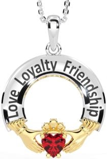 Ruby Gold Silver Irish "Love, Loyalty, & Friendship" Claddagh Necklace