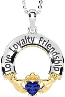 Sapphire Gold Silver Irish "Love, Loyalty, & Friendship" Claddagh Necklace