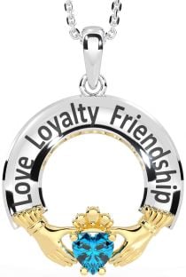 Topaz Gold Silver Irish "Love, Loyalty, & Friendship" Claddagh Necklace