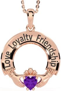 Amethyst Rose Gold Silver Irish "Love, Loyalty, & Friendship" Claddagh Necklace