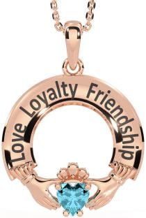 Aquamarine Rose Gold Silver Irish "Love, Loyalty, & Friendship" Claddagh Necklace