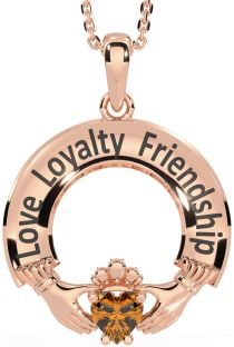 Citrine Rose Gold Silver Irish "Love, Loyalty, & Friendship" Claddagh Necklace