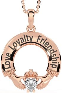 Diamond Rose Gold Silver Irish "Love, Loyalty, & Friendship" Claddagh Necklace