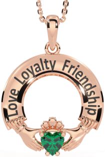 Emerald Rose Gold Silver Irish "Love, Loyalty, & Friendship" Claddagh Necklace