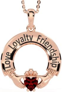 Garnet Rose Gold Silver Irish "Love, Loyalty, & Friendship" Claddagh Necklace