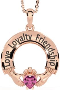 Pink Tourmaline Rose Gold Silver Irish "Love, Loyalty, & Friendship" Claddagh Necklace