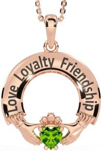 Peridot Rose Gold Silver Irish "Love, Loyalty, & Friendship" Claddagh Necklace