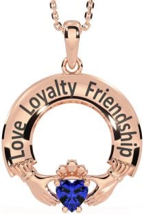 Sapphire Rose Gold Silver Irish "Love, Loyalty, & Friendship" Claddagh Necklace