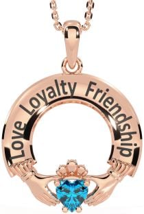 Topaz Rose Gold Silver Irish "Love, Loyalty, & Friendship" Claddagh Necklace