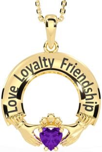 Amethyst Gold Silver Irish "Love, Loyalty, & Friendship" Claddagh Necklace