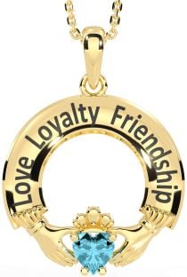 Aquamarine Gold Silver Irish "Love, Loyalty, & Friendship" Claddagh Necklace