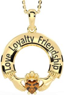 Citrine Gold Silver Irish "Love, Loyalty, & Friendship" Claddagh Necklace