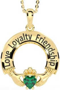 Emerald Gold Silver Irish "Love, Loyalty, & Friendship" Claddagh Necklace