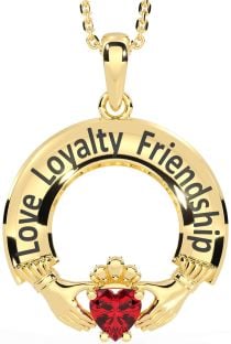 Ruby Gold Silver Irish "Love, Loyalty, & Friendship" Claddagh Necklace