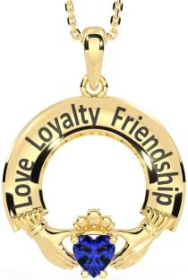 Sapphire Gold Silver Irish "Love, Loyalty, & Friendship" Claddagh Necklace