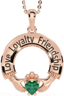 Emerald Rose Gold Irish "Love, Loyalty, & Friendship" Claddagh Necklace