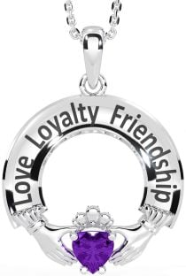 Amethyst Silver Irish "Love, Loyalty, & Friendship" Claddagh Necklace