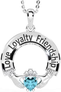 Aquamarine Silver Irish "Love, Loyalty, & Friendship" Claddagh Necklace