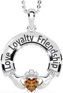 Citrine Silver Irish "Love, Loyalty, & Friendship" Claddagh Necklace