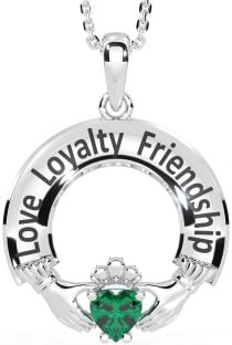 Emerald Silver Irish "Love, Loyalty, & Friendship" Claddagh Necklace