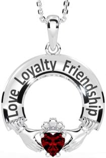 Garnet Silver Irish "Love, Loyalty, & Friendship" Claddagh Necklace