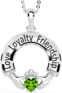 Peridot Silver Irish "Love, Loyalty, & Friendship" Claddagh Necklace