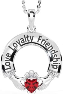 Ruby Silver Irish "Love, Loyalty, & Friendship" Claddagh Necklace