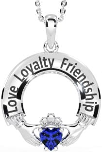 Sapphire Silver Irish "Love, Loyalty, & Friendship" Claddagh Necklace