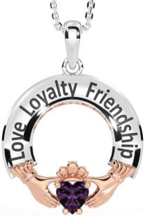 Alexandrite Rose Gold Silver Irish "Love, Loyalty, & Friendship" Claddagh Necklace