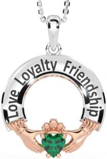 Emerald Rose Gold Silver Irish "Love, Loyalty, & Friendship" Claddagh Necklace