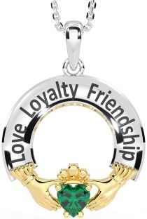 Emerald Gold Silver Irish "Love, Loyalty, & Friendship" Claddagh Necklace