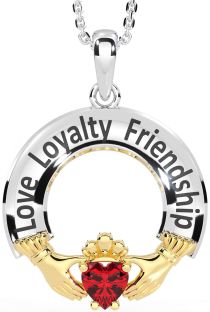 Ruby Gold Silver Irish "Love, Loyalty, & Friendship" Claddagh Necklace