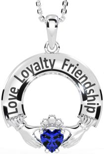 Sapphire White Gold Irish "Love, Loyalty, & Friendship" Claddagh Necklace