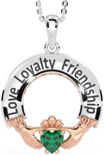 Emerald White Rose Gold Irish "Love, Loyalty, & Friendship" Claddagh Necklace