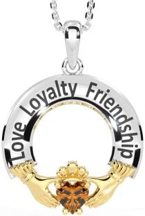 Citrine White Yellow Gold Irish "Love, Loyalty, & Friendship" Claddagh Necklace