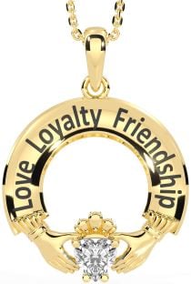 Diamond Gold Irish "Love, Loyalty, & Friendship" Claddagh Necklace