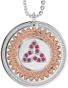 Pink Tourmaline Rose Gold Silver Celtic Trinity Knot Necklace