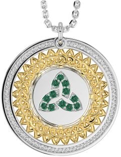 Emerald Gold Silver Celtic Trinity Knot Necklace