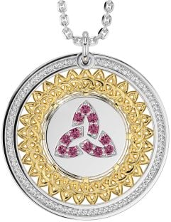 Pink Tourmaline Gold Silver Celtic Trinity Knot Necklace