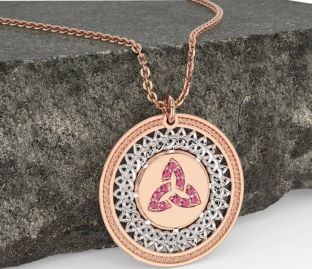 Pink Tourmaline White Rose Gold Celtic Trinity Knot Necklace