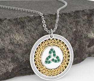 Emerald Gold Silver Celtic Trinity Knot Necklace