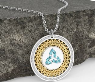 Aquamarine White Yellow Gold Celtic Trinity Knot Necklace