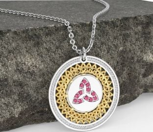 Pink Tourmaline White Yellow Gold Celtic Trinity Knot Necklace