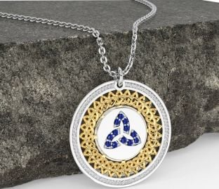 Sapphire White Yellow Gold Celtic Trinity Knot Necklace