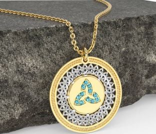 Aquamarine White Yellow Gold Celtic Trinity Knot Necklace