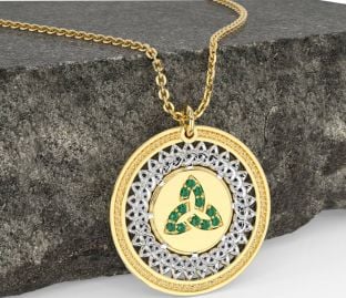 Emerald White Yellow Gold Celtic Trinity Knot Necklace